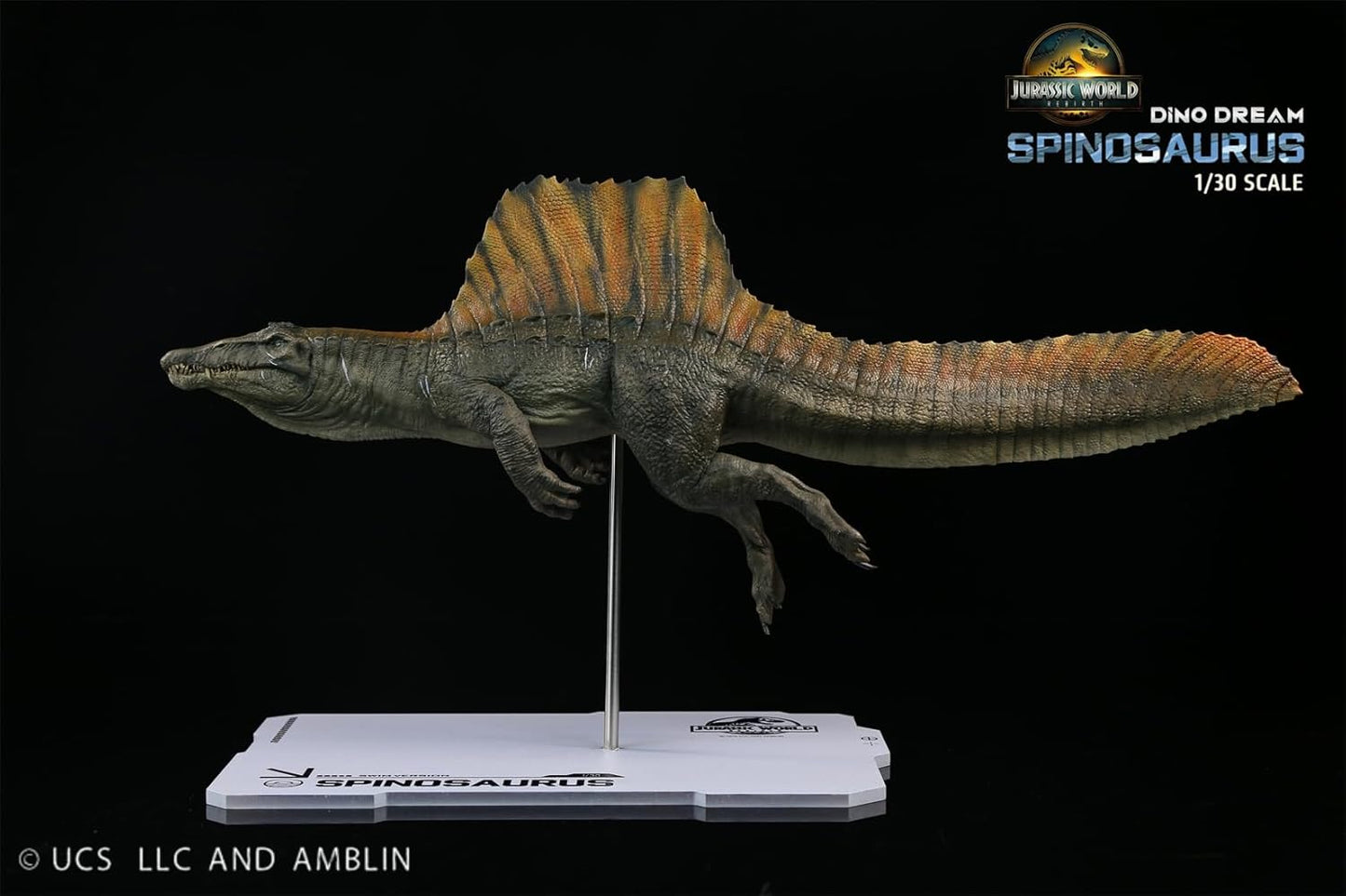 DINO DREAM 1/30 サイズ スピノサウルス 水泳姿 白亜紀 ティタノサウルス類 鳥吻類 恐竜 40cm級 フィギュア 樹脂 プラモデル 模型 シーン 情景セット 塗装済 台座付き
