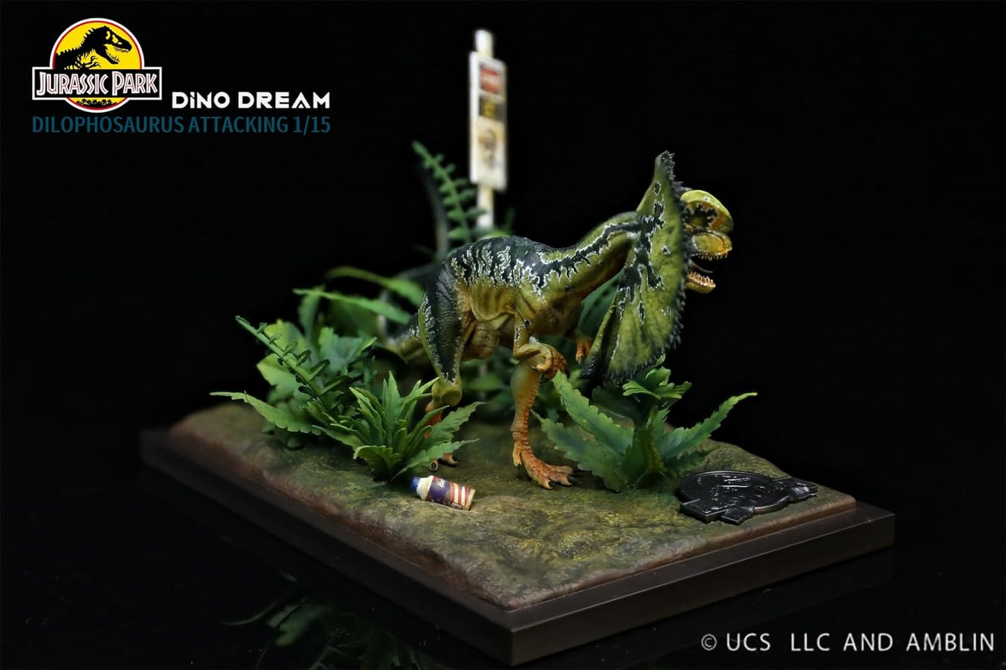 DINO DREAM 1/15 サイズ ディロフォサウルス ジュラ紀 肉食 獣脚類恐竜 18cm級 オス メス リアル フィギュア 樹脂 プラモデル 大人のおもちゃ 模型 シーン 情景セット プレゼント プレミアム オリジナル スタチュー 塗装済 完成品 置物 台座付き (開く)
