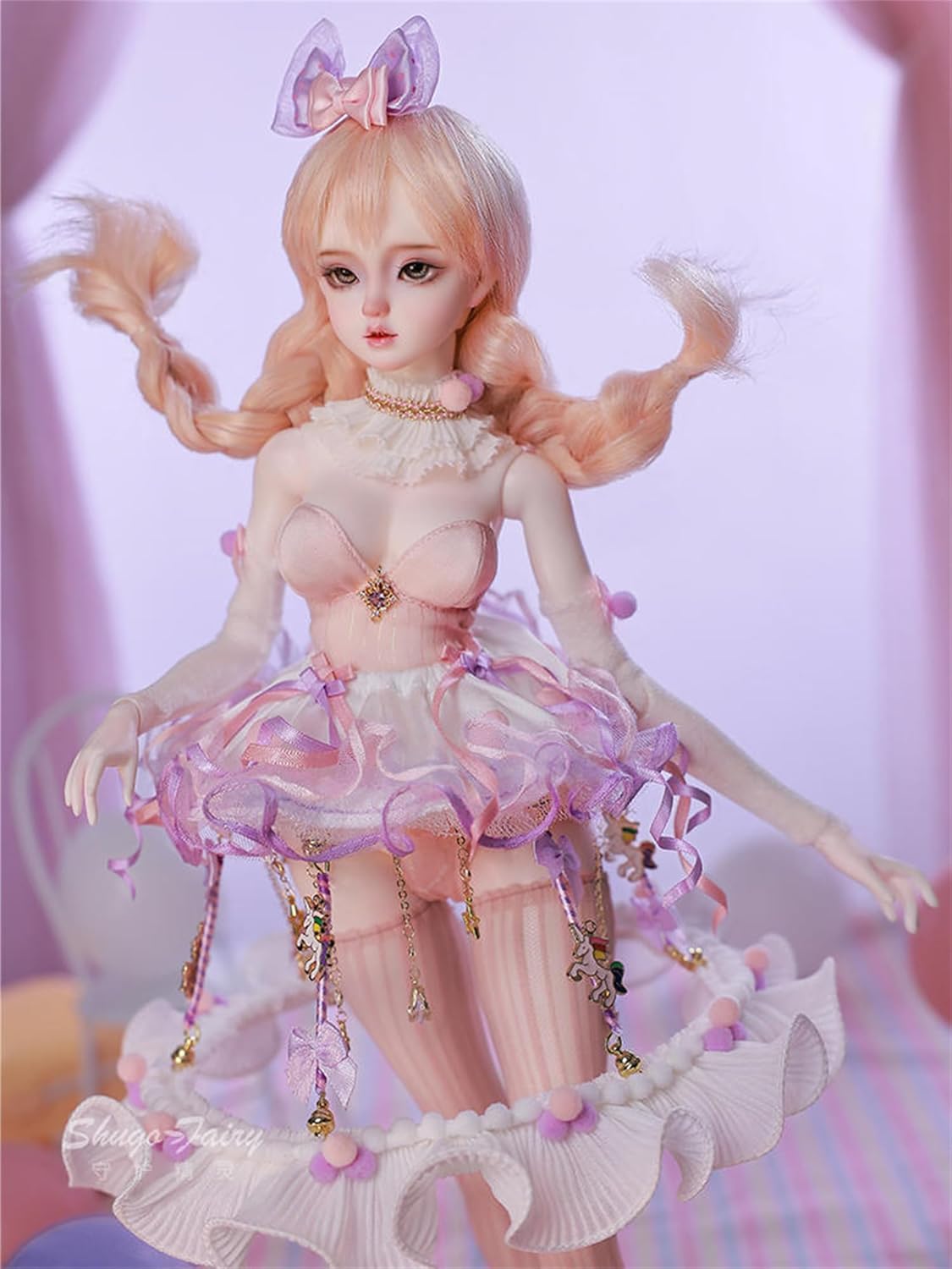 BACALYSO | shuga fairy 1/4 スケール 球体関節人形 女 紫 アイドル少女 BJDドール 可動 フィギュア 身長44CM メイク済み 仮装でき プリンセス ドレス 可愛い 樹脂 洋服セット 誕生日 プレゼント (素体(化粧済み))