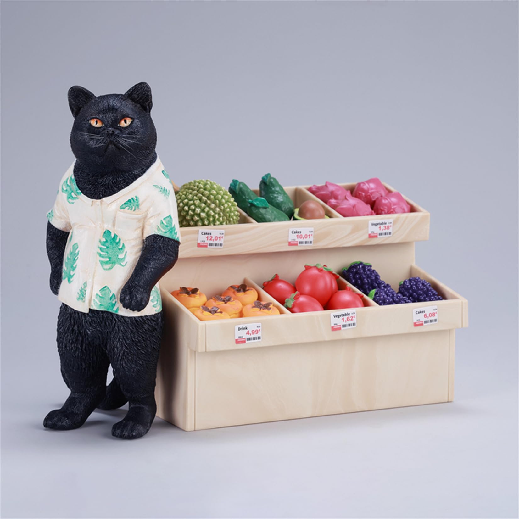 JXK 猫 フルーツ屋さんのニャン店長 可愛い ネコ 動物 リアル フィギュア 樹脂 プラモデル 模型 15cm級 完成品 ネコ好き 置物 (JXK-AI09A)