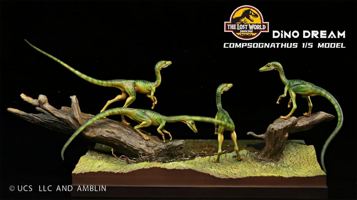 DINO DREAM 4点セット 1/5 サイズ コンプソグナトゥス 小型 ジュラ紀 肉食 恐竜 12.3cm級 リアル フィギュア 樹脂 プラモデル 大人のおもちゃ 模型 シーン 情景セット プレゼント プレミアム オリジナル スタチュー 塗装済 完成品 置物 台座付き