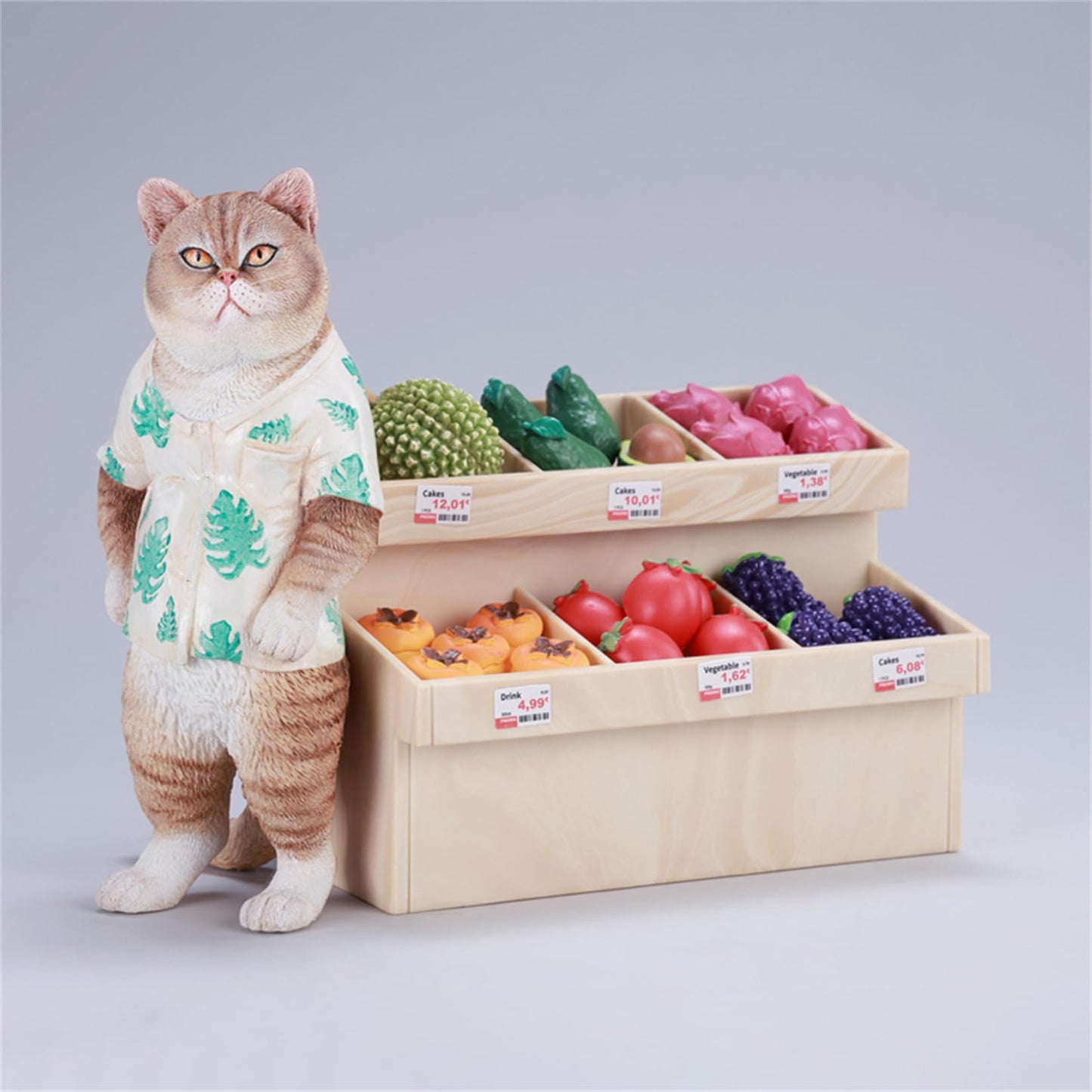 JXK 猫 フルーツ屋さんのニャン店長 可愛い ネコ 動物 リアル フィギュア 樹脂 プラモデル 模型 15cm級 完成品 ネコ好き 置物 (JXK-AI09A)
