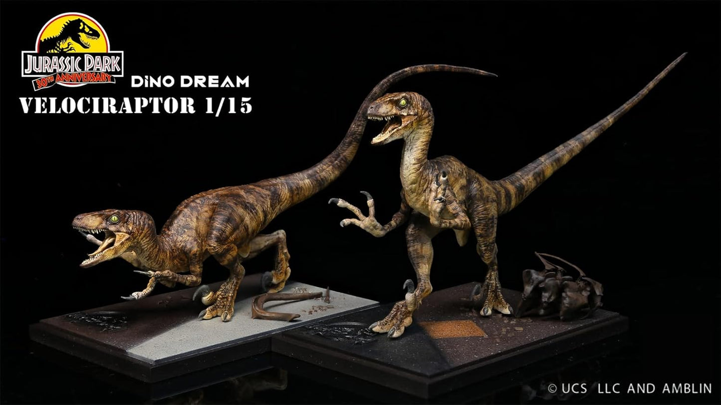 DINO DREAM 2点セット 1/15 サイズ ヴェロキラプトル 小型 肉食 恐竜 24.5cm級 リアル フィギュア 樹脂 プラモデル 大人のおもちゃ 模型 プレゼント プレミアム オリジナル スタチュー 塗装済 完成品 置物 台座付き