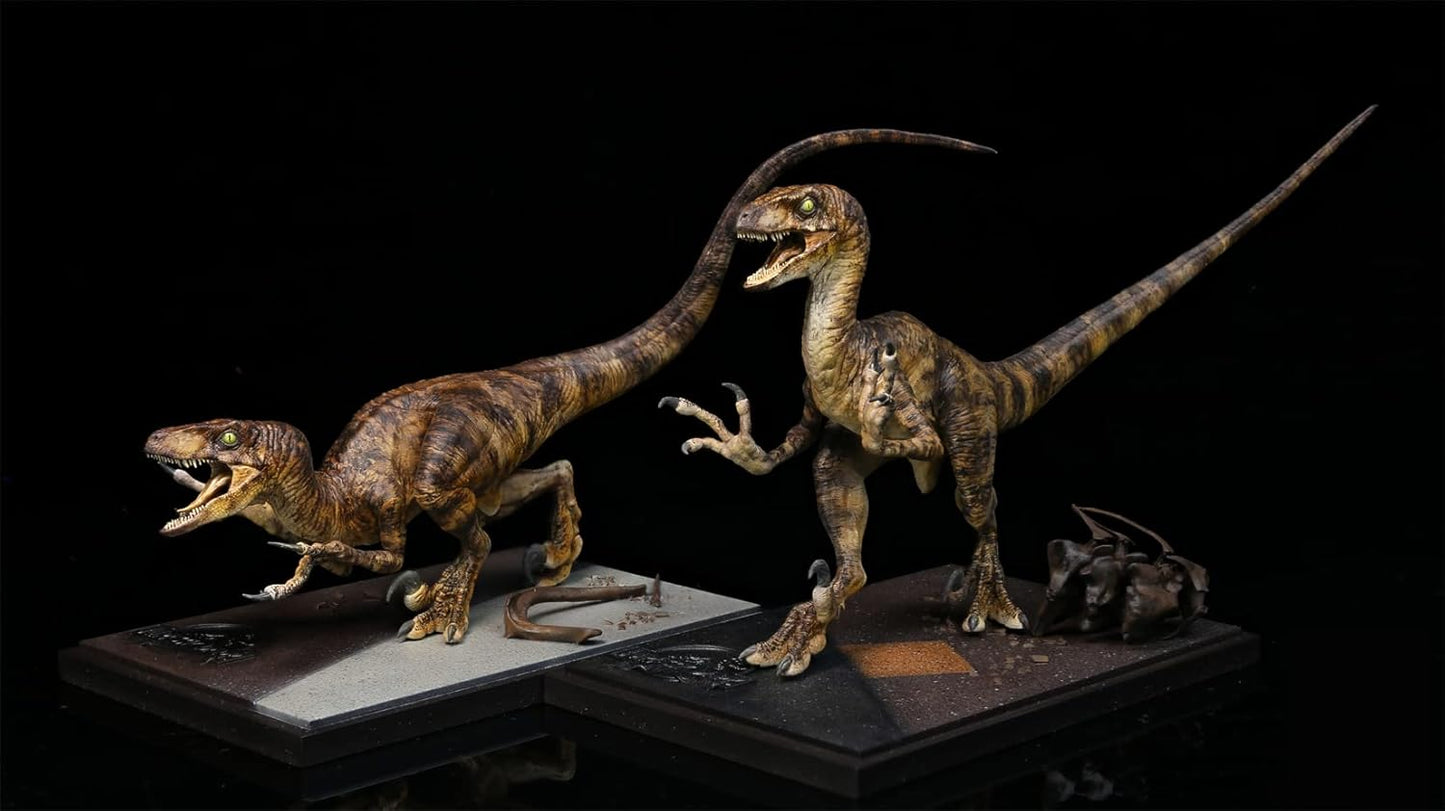 DINO DREAM 2点セット 1/15 サイズ ヴェロキラプトル 小型 肉食 恐竜 24.5cm級 リアル フィギュア 樹脂 プラモデル 大人のおもちゃ 模型 プレゼント プレミアム オリジナル スタチュー 塗装済 完成品 置物 台座付き