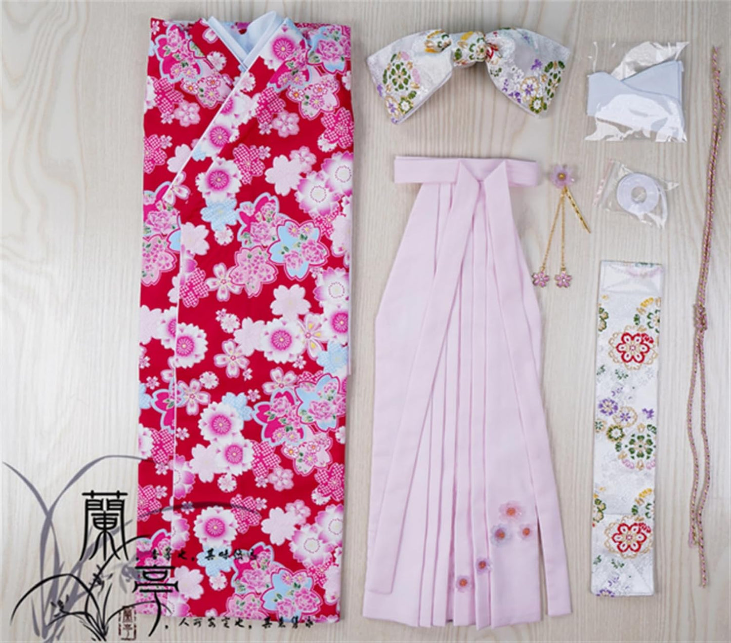 蘭亭集夢 1/3 1/4 1/6 スケール BJD 人形服 紅地 桜 卒業着物 纷悦 女の子 晴れ着 7点セット 振袖 和柄 人形服 着せ替え服 仮装 服セット