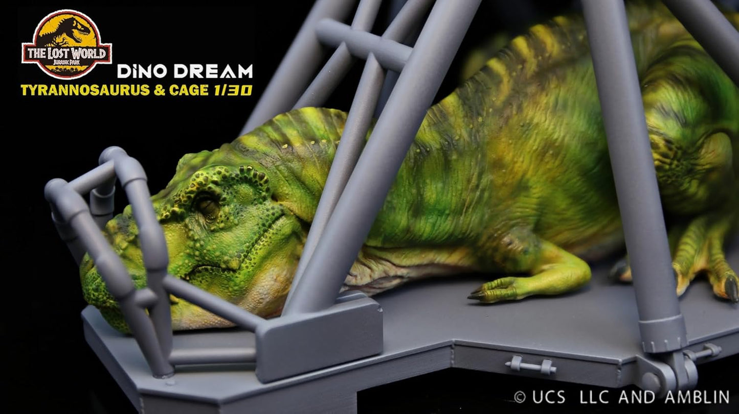 DINO DREAM 1/30 スケール ティラノサウルス ケージに眠ている ジュラ紀 肉食 恐竜 43cm級 リアル フィギュア 樹脂 プラモデル 大人のおもちゃ 模型 情景セット 塗装済 完成品 置物