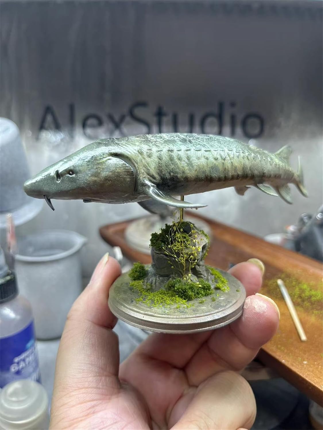 BACALYSO | ALEX STUDIO Sturgeon Figure, Sturgeon, 5.5 inches (14 cm), Endangered Species, Freshwater Fish, Resin, Painted, Realistic Base Included, Animal, Plastic Model, Toy, Figurine