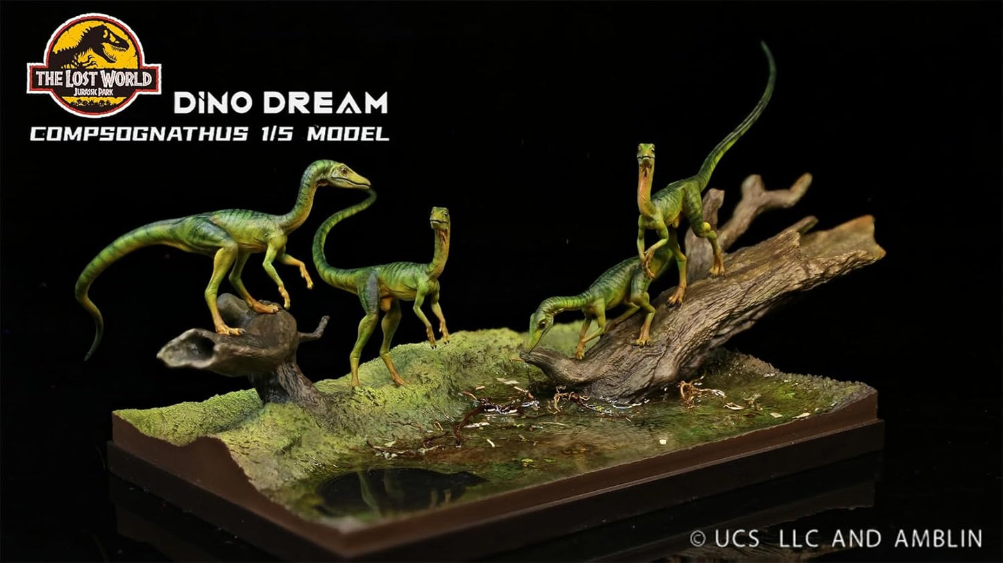 DINO DREAM 4点セット 1/5 サイズ コンプソグナトゥス 小型 ジュラ紀 肉食 恐竜 12.3cm級 リアル フィギュア 樹脂 プラモデル 大人のおもちゃ 模型 シーン 情景セット プレゼント プレミアム オリジナル スタチュー 塗装済 完成品 置物 台座付き