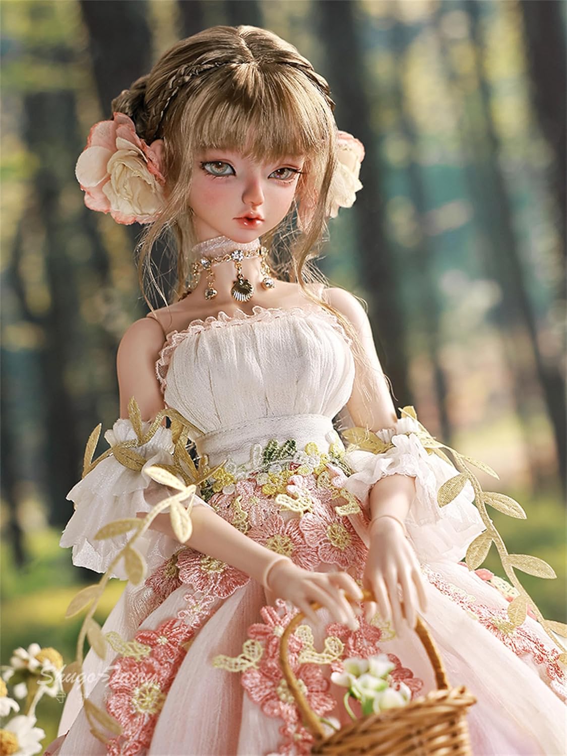 BACALYSO | shuga fairy 1/4 スケール 球体関節人形 女 花笠 花スカート 少女 BJDドール 可動 フィギュア 身長44CM メイク済み プリンセス ドレス 可愛い 樹脂 洋服セットプレゼント (素体（化粧済み）)