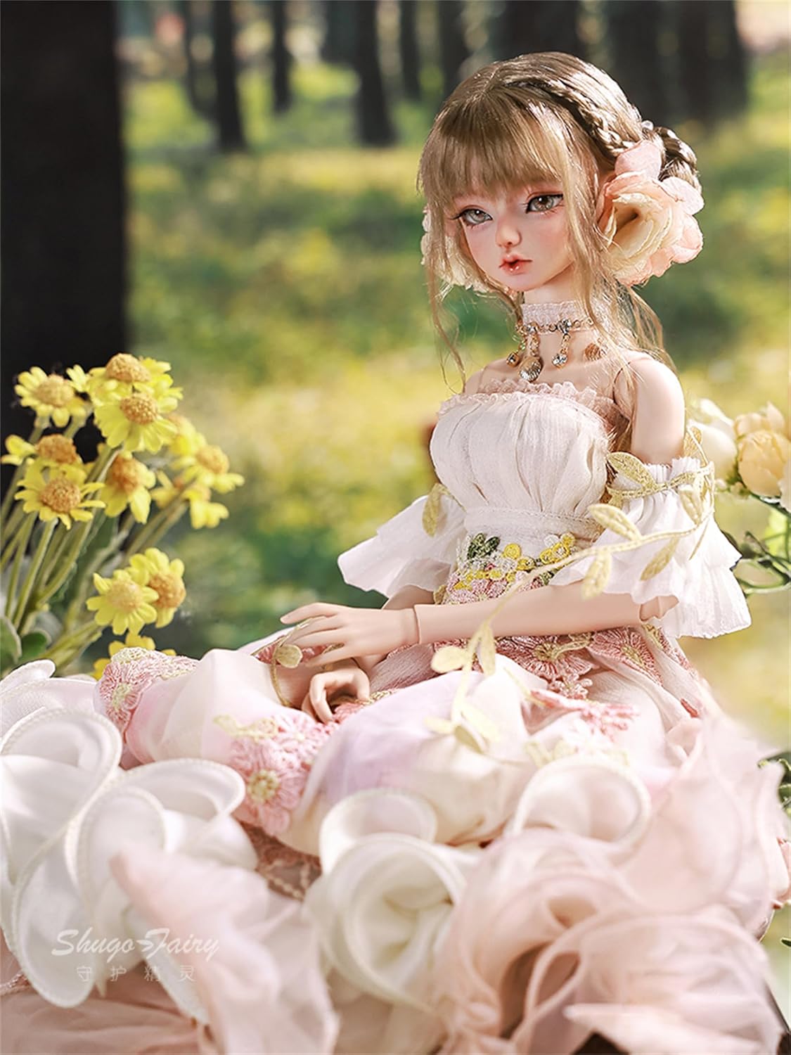 BACALYSO | shuga fairy 1/4 スケール 球体関節人形 女 花笠 花スカート 少女 BJDドール 可動 フィギュア 身長44CM メイク済み プリンセス ドレス 可愛い 樹脂 洋服セットプレゼント (素体（化粧済み）)